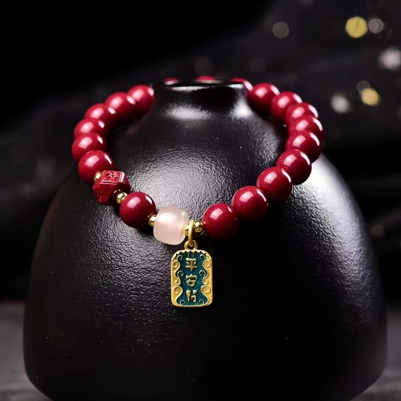 石在行 高含量紫金砂平安符单圈 招财转运 平安纳财纳福 国潮复古 佛珠文玩盘玩好运 朱砂 手串 女款