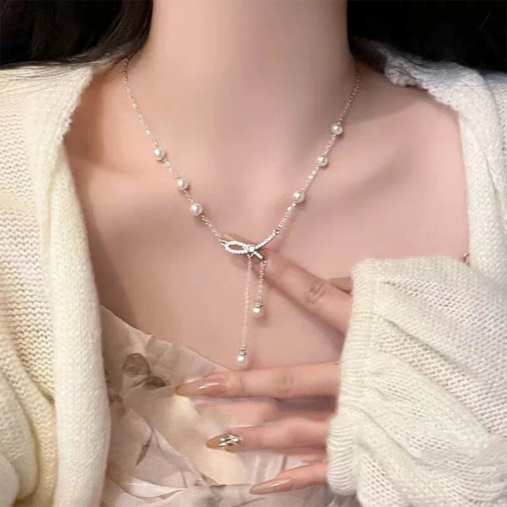 栖花漫语 蝴蝶结流苏气质百搭小众锁骨链#好运 钛钢 项链 男女同款情侣款