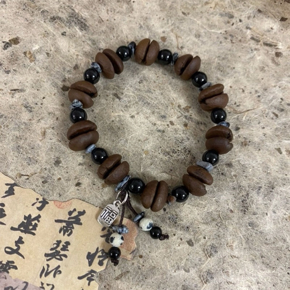 栖花漫语 中国风简约百搭石冷门小福牌吊坠 咖啡豆 织物 手链 男女同款情侣款
