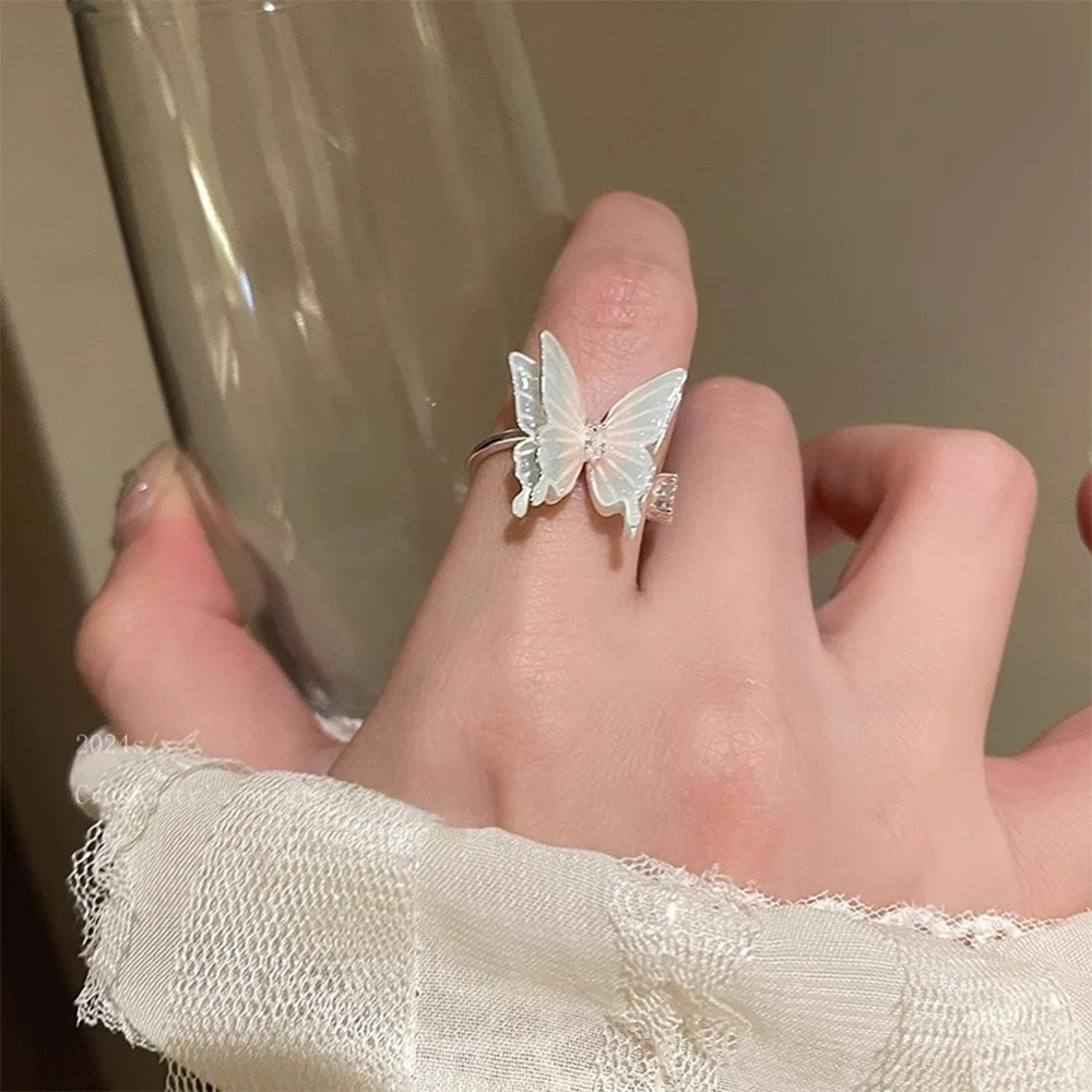 栖花漫语 超仙彩色蝴蝶小众设计轻奢高级感潮#好运 钛钢 戒指 女款