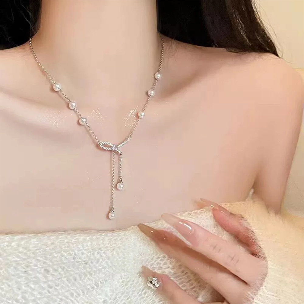 栖花漫语 蝴蝶结流苏气质百搭小众锁骨链#好运 钛钢 项链 男女同款情侣款