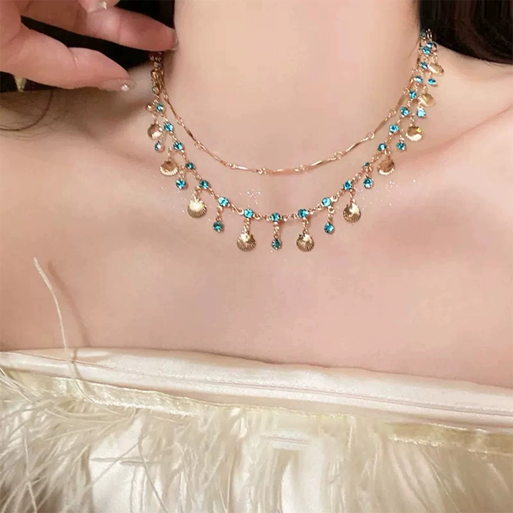 栖花漫语 蓝色之恋双层贝壳精致独特细链条千金 合金 项链 女款