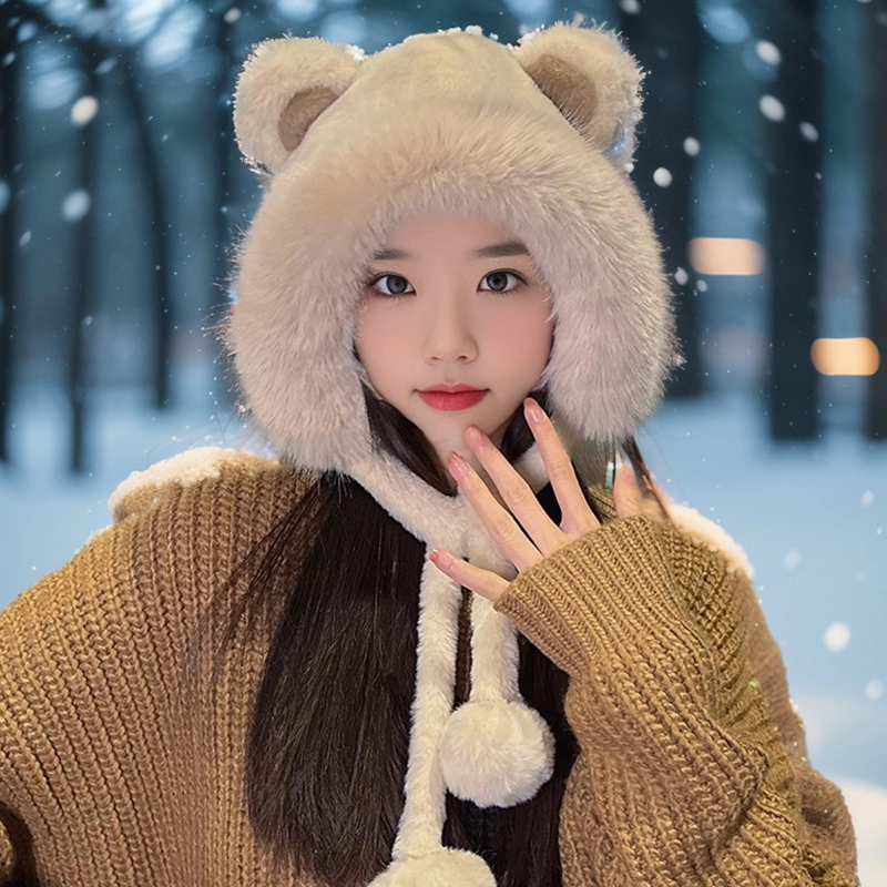 零界 秋冬保暖护耳毛绒小熊帽 绑带 加厚保暖可爱显脸小 软糯少女心 骑车防风 聚酯纤维 绒线帽 女款