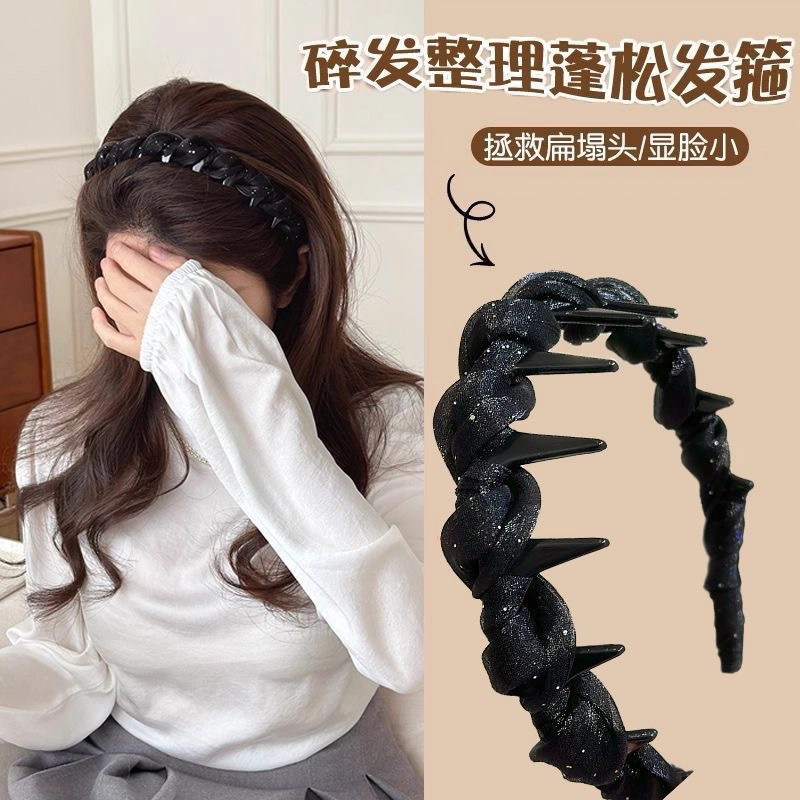 零界 高颅顶 正反两戴 气质纱褶皱珠珠波浪 齿梳飘带外戴发卡头饰 网纱 发箍 女款