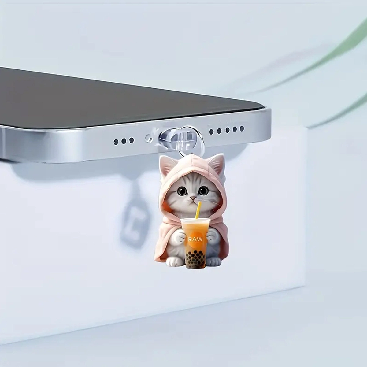 零界 粉衣小猫 创意手机防尘塞 小书包可爱时尚潮流装饰 亚克力 挂件 男女同款情侣款