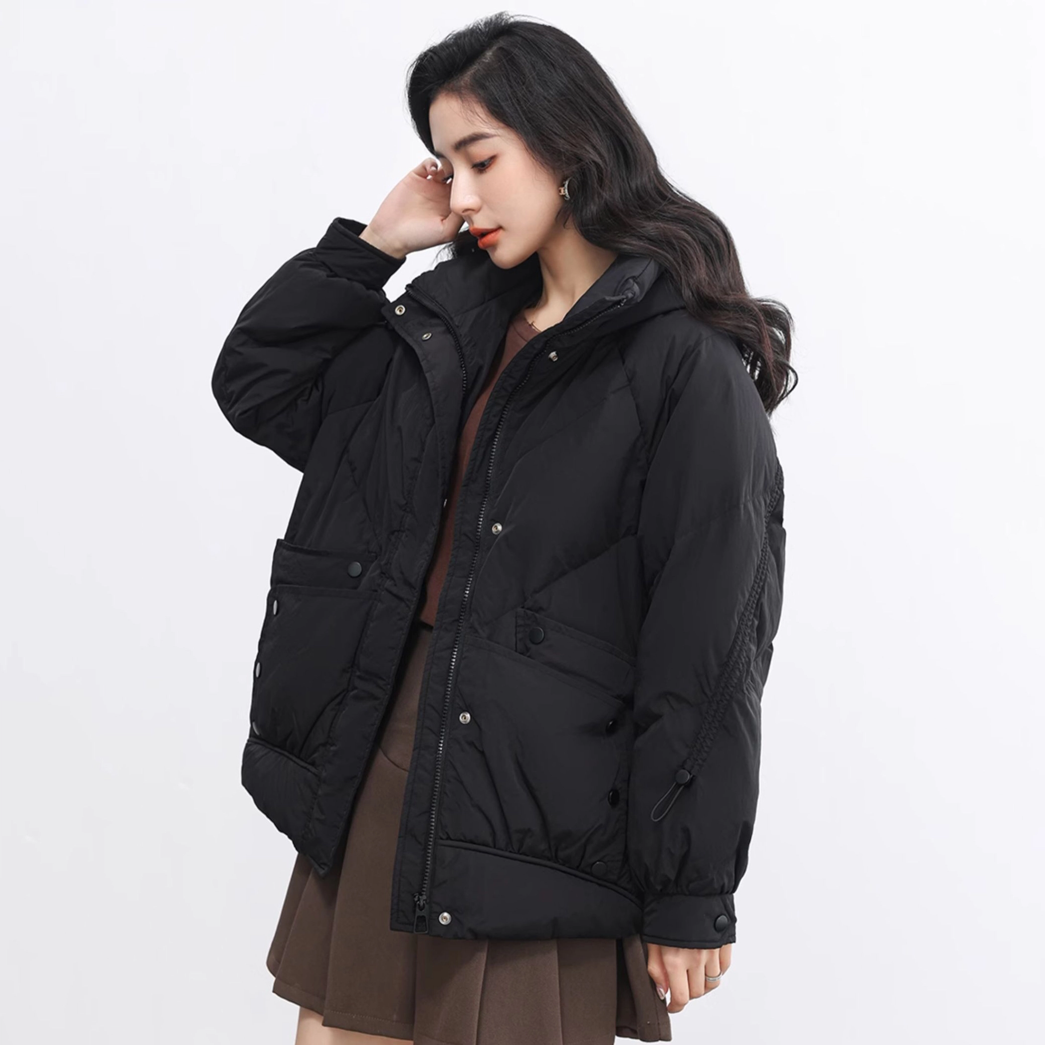 鸭鸭 纯色连帽短款加厚保暖休闲通勤韩系时尚百搭羽绒服 女款
