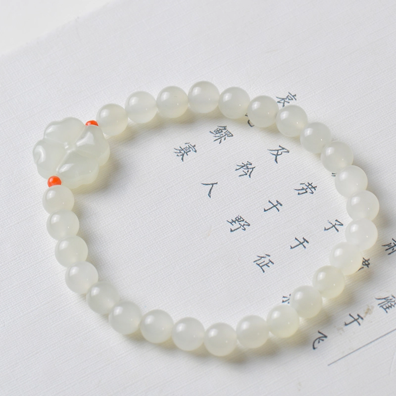 凤飞凰 新中式幸运四叶草 和田玉手串 白玉/青白玉 女