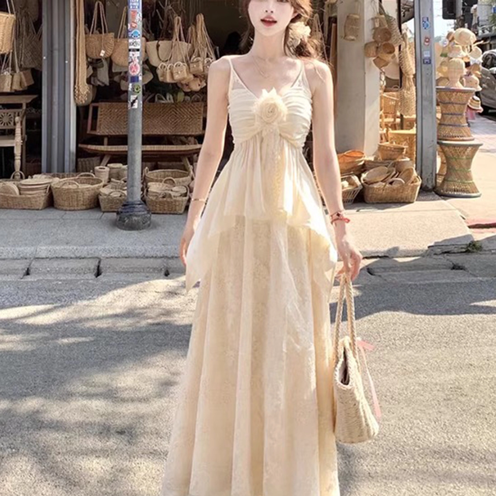 涂诗菲 法式氛围感吊带上衣蕾丝拼接半身裙裙装套装 女款 杏色