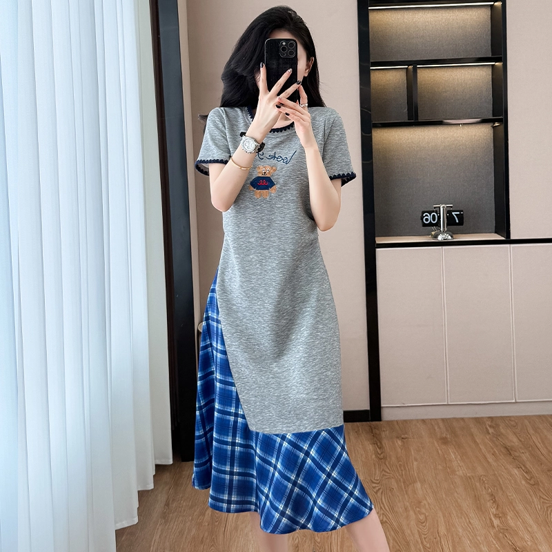 费尔岛上的猫 韩版法式融合时尚拼接中长款大码服饰短袖连衣裙 女款