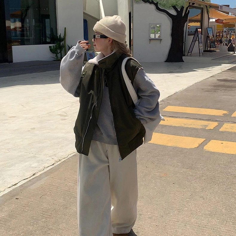 涂诗菲 欧美风设计感时尚简约气质宽松显瘦毛领短款工装外套无袖马甲 男女同款