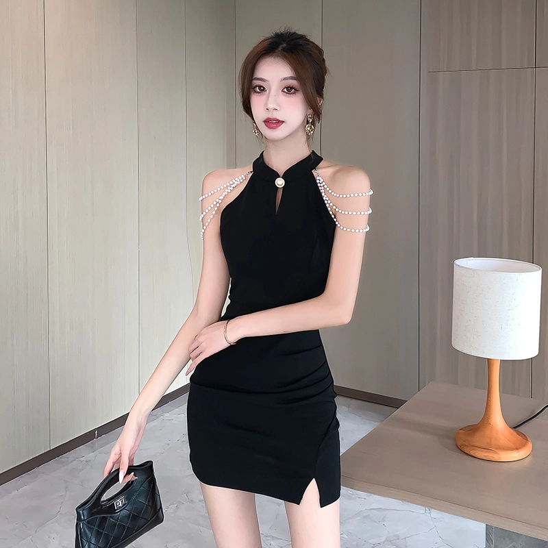 涂诗菲 法式珍珠露肩修身旗袍气质无袖连衣裙 女款 黑色