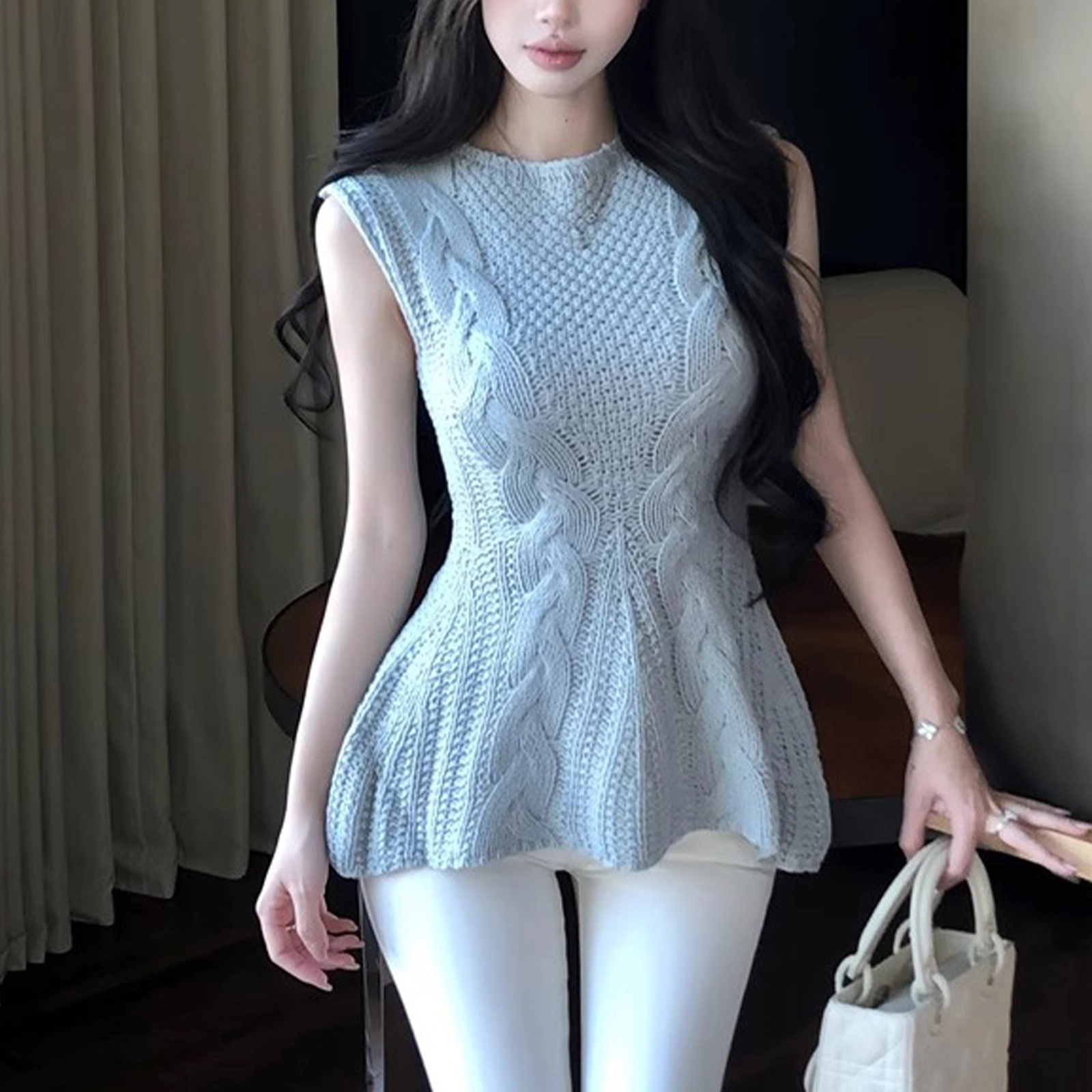 涂诗菲 法式辣妹性感设计感荷叶边无袖针织上衣简约收腰背心 女款