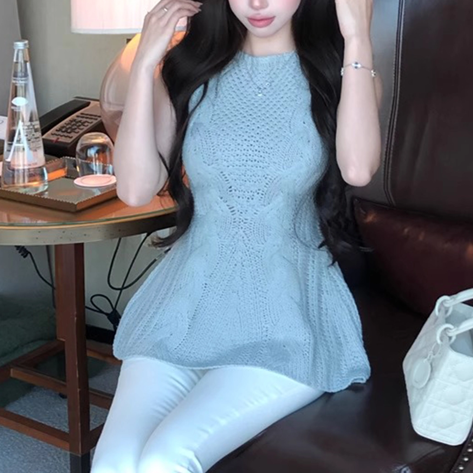 涂诗菲 法式辣妹性感设计感荷叶边无袖针织上衣简约收腰背心 女款