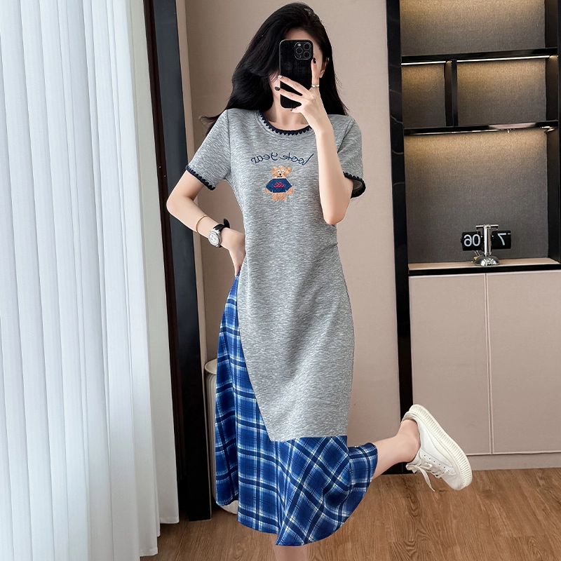 费尔岛上的猫 韩版法式融合时尚拼接中长款大码服饰短袖连衣裙 女款