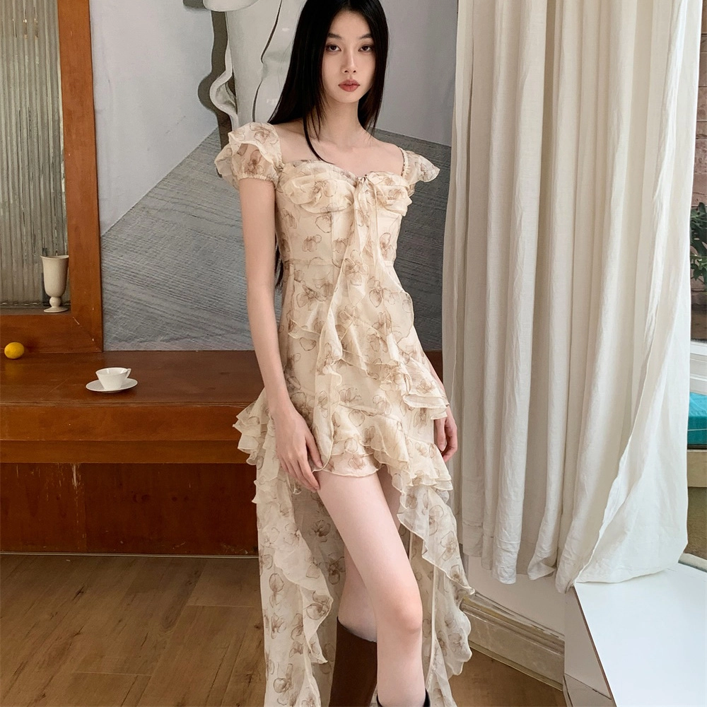 涂诗菲 气质设计感碎花不规则方领短袖连衣裙 女款 花色