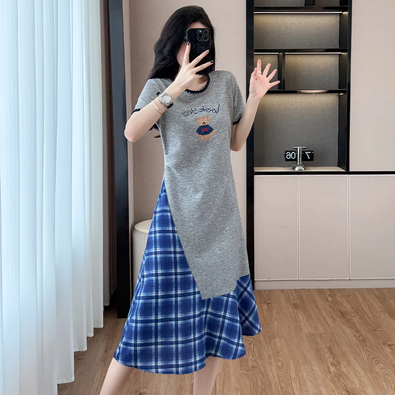费尔岛上的猫 韩版法式融合时尚拼接中长款大码服饰短袖连衣裙 女款