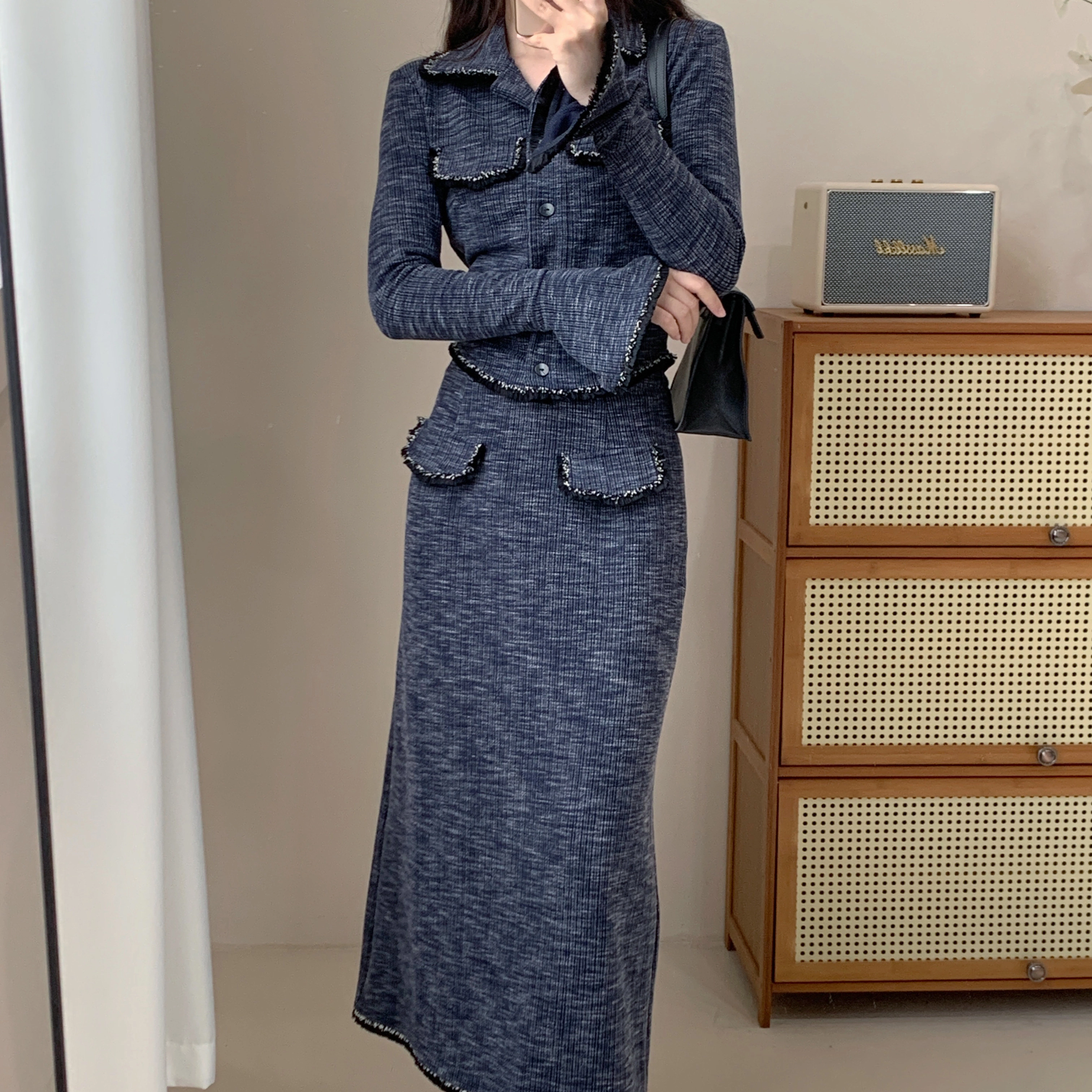 涂诗菲 法式小香风气质长袖上衣休闲简约设计感时尚百搭慵懒风舒适纯欲约会长裙裙装套装 女款