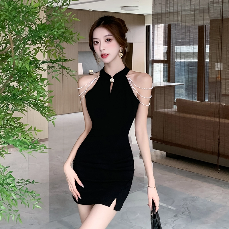 涂诗菲 法式珍珠露肩修身旗袍气质无袖连衣裙 女款 黑色