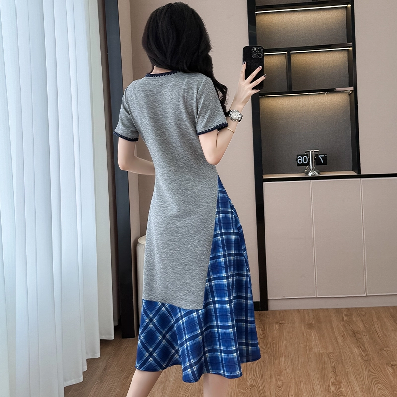 费尔岛上的猫 韩版法式融合时尚拼接中长款大码服饰短袖连衣裙 女款