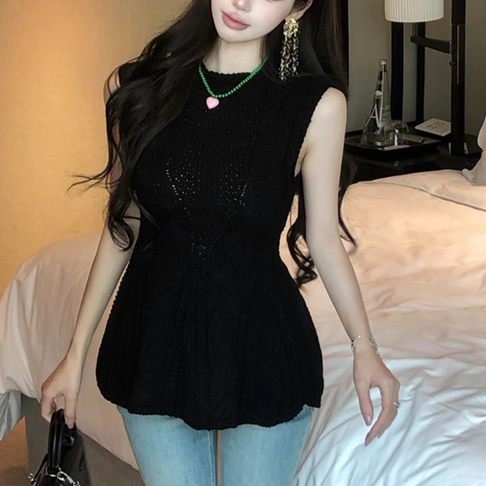 涂诗菲 法式辣妹性感设计感荷叶边无袖针织上衣简约收腰背心 女款