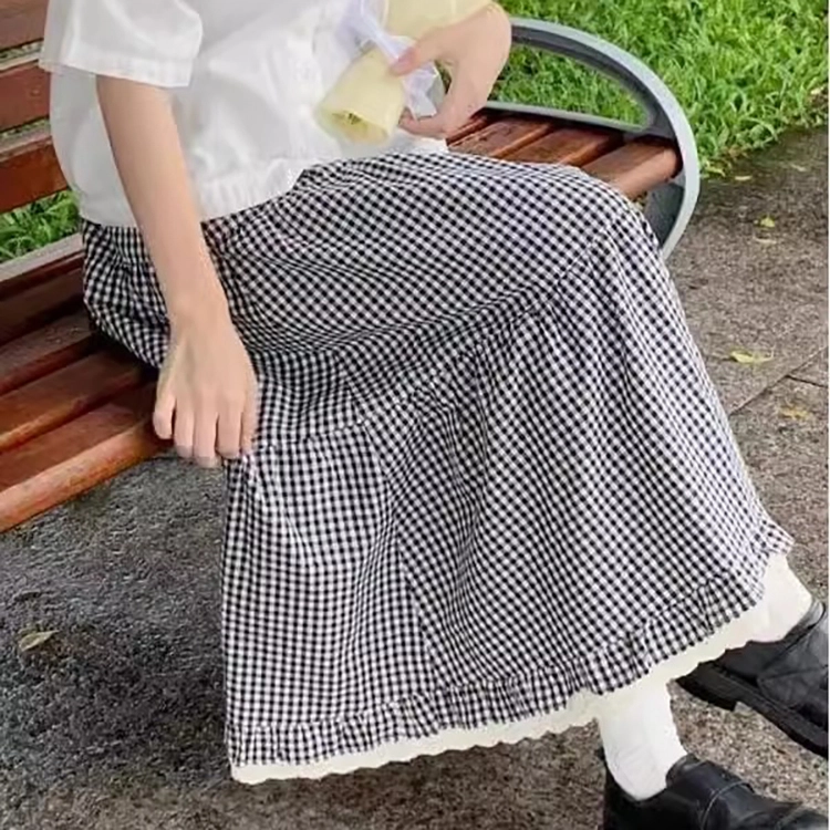 涂诗菲 学院风格子拼接蕾丝花边口袋蛋糕休闲长裙 女款 图片色