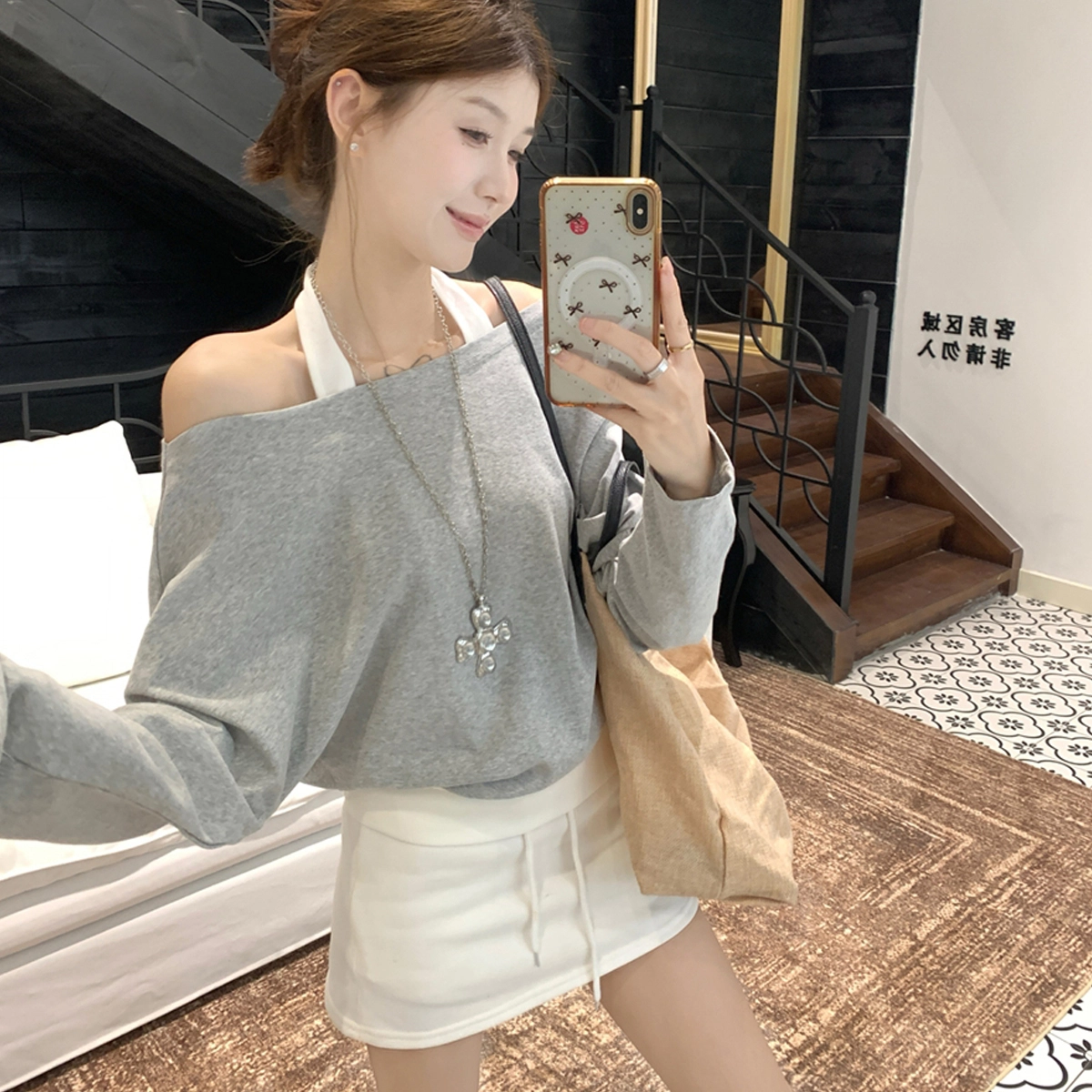 涂诗菲 韩版潮流时尚简约纯色舒适设计显瘦百搭慵懒风松弛感假两件长袖针织衫 女款