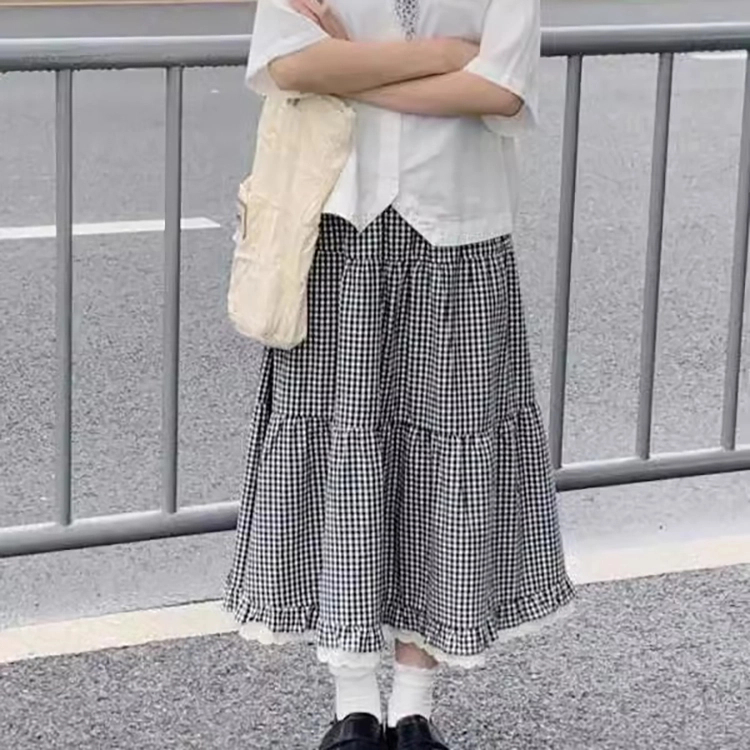 涂诗菲 学院风格子拼接蕾丝花边口袋蛋糕休闲长裙 女款 图片色