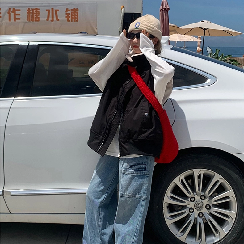 涂诗菲 欧美风设计感时尚简约气质宽松显瘦毛领短款工装外套无袖马甲 男女同款