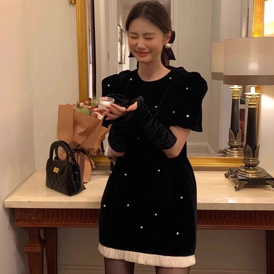 涂诗菲 小香风优雅气质丝绒长袖连衣裙 女款 黑色