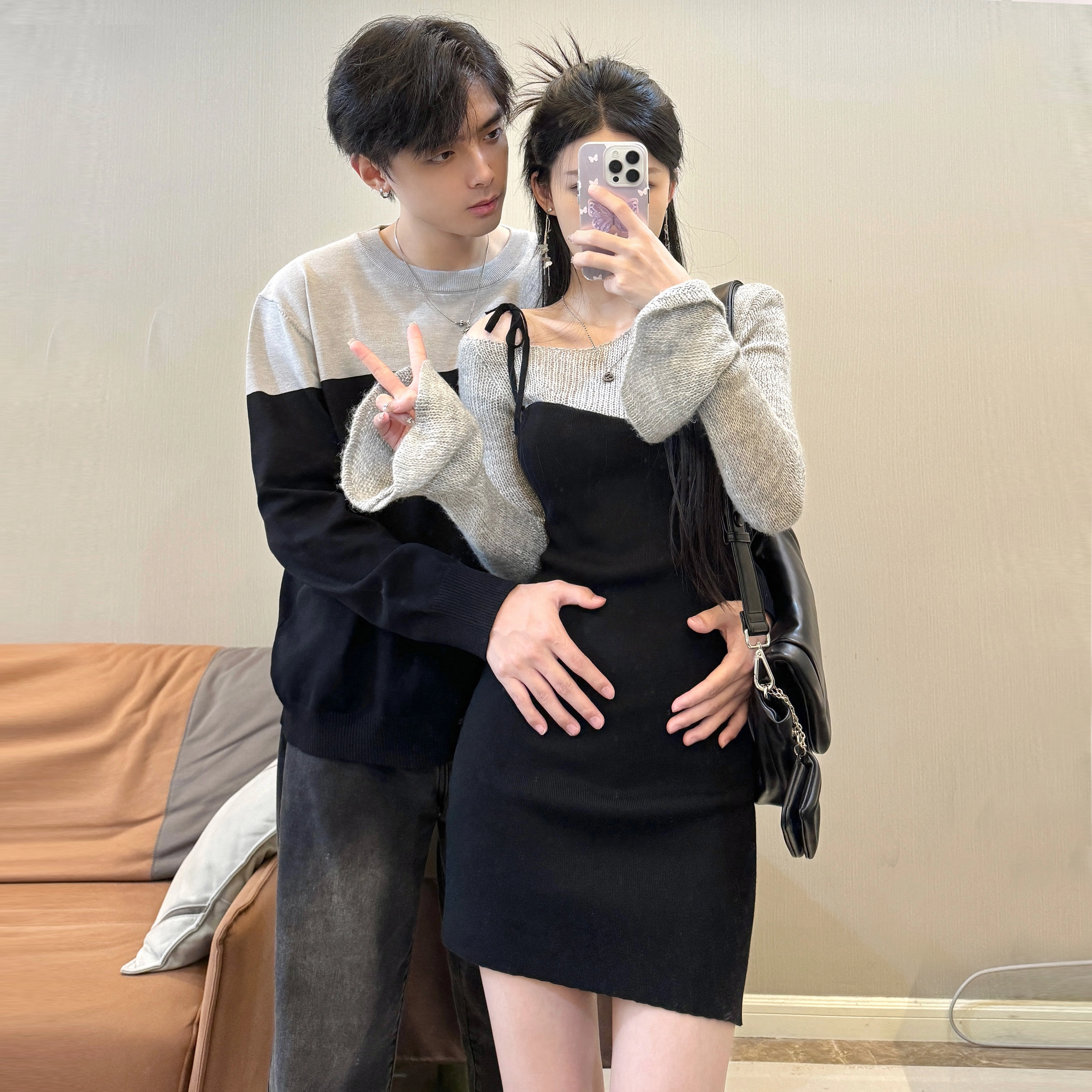 涂诗菲 简约百搭舒适长袖优雅时尚通勤男女情侣套装
