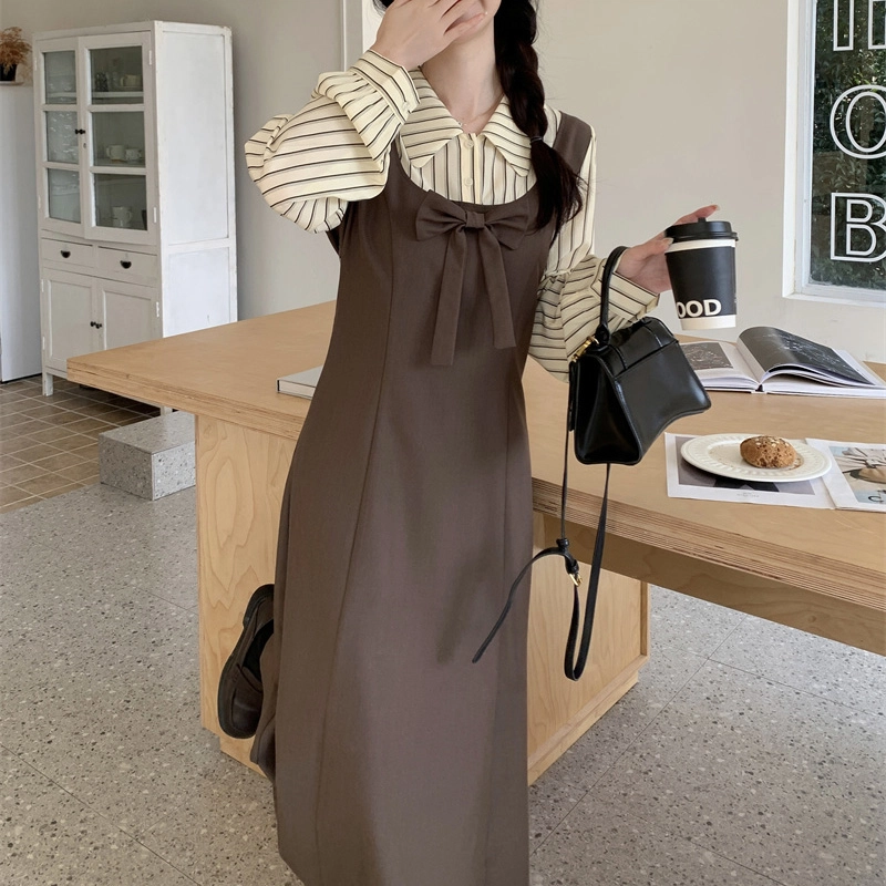 涂诗菲 简约拼色翻领舒适长袖连衣裙 女款 棕色