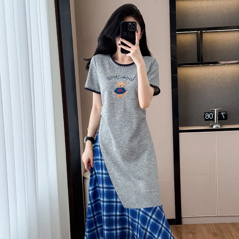 费尔岛上的猫 韩版法式融合时尚拼接中长款大码服饰短袖连衣裙 女款