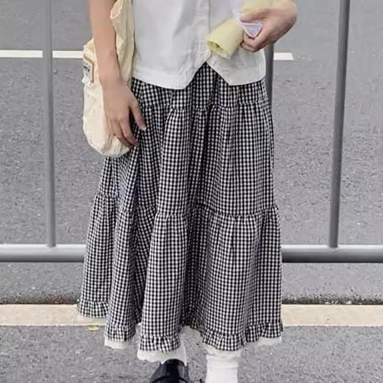 涂诗菲 学院风格子拼接蕾丝花边口袋蛋糕休闲长裙 女款 图片色