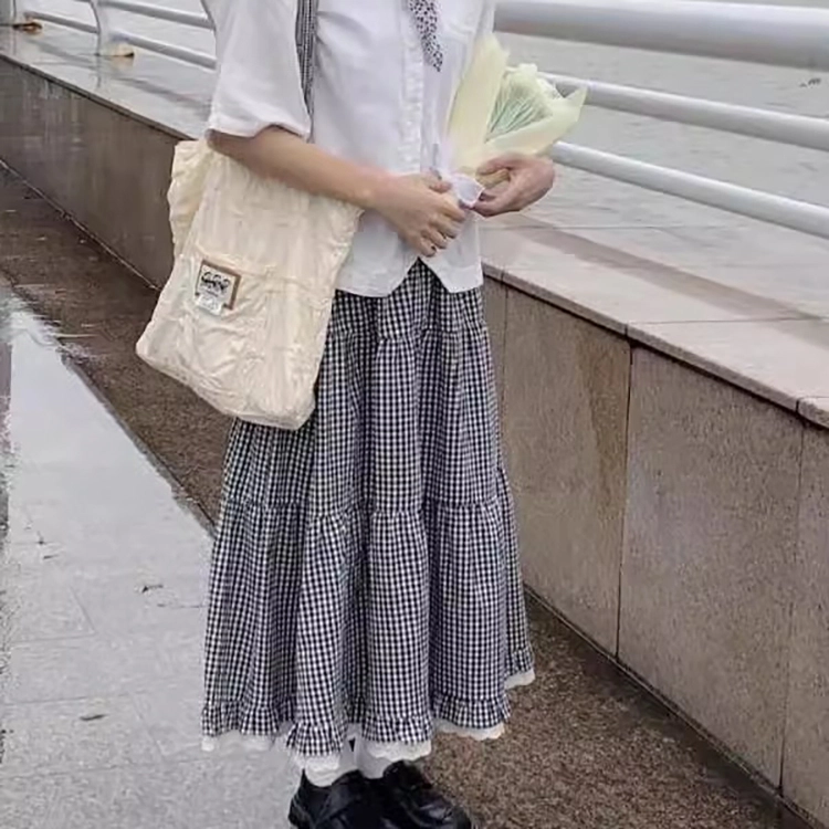 涂诗菲 学院风格子拼接蕾丝花边口袋蛋糕休闲长裙 女款 图片色