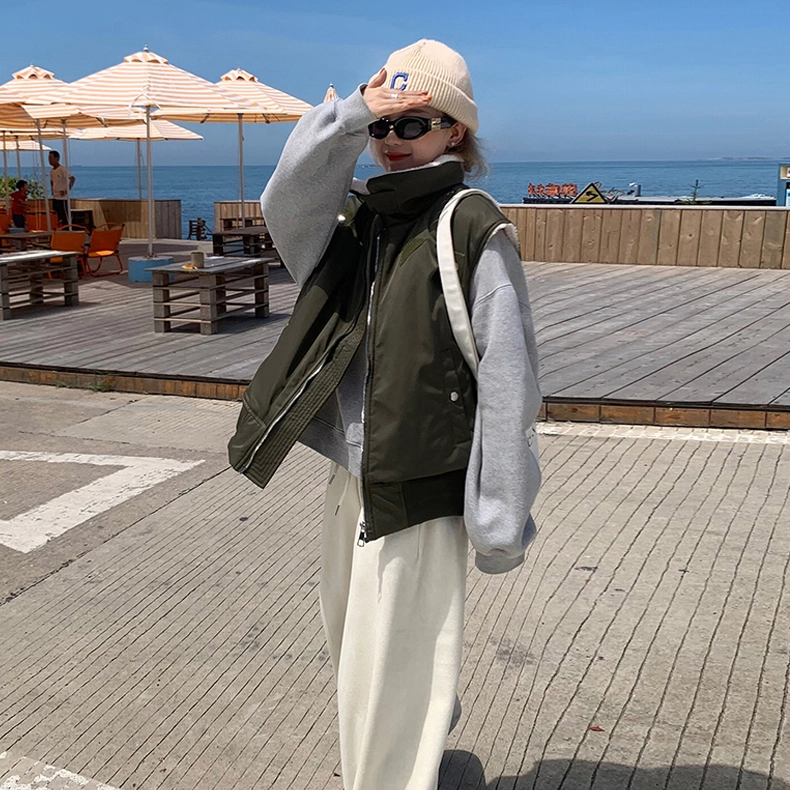涂诗菲 欧美风设计感时尚简约气质宽松显瘦毛领短款工装外套无袖马甲 男女同款