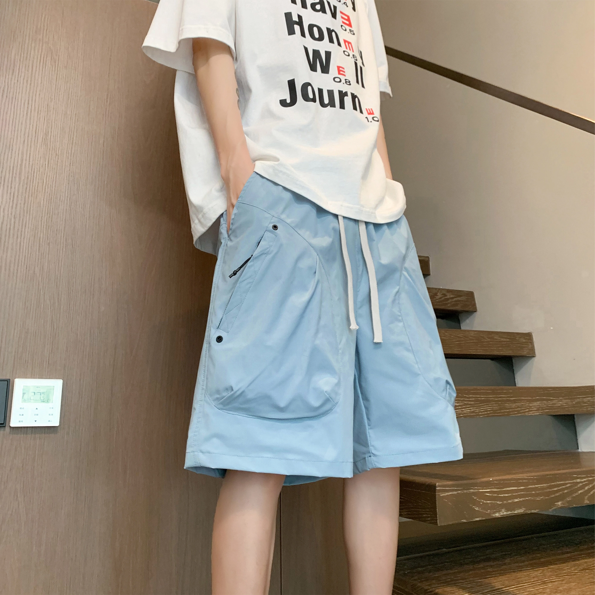 吾皇猫 美式复古学院风基础款简约百搭个性设计潮流休闲裤子宽松五分裤子舒适基础款工装短裤 男女同款