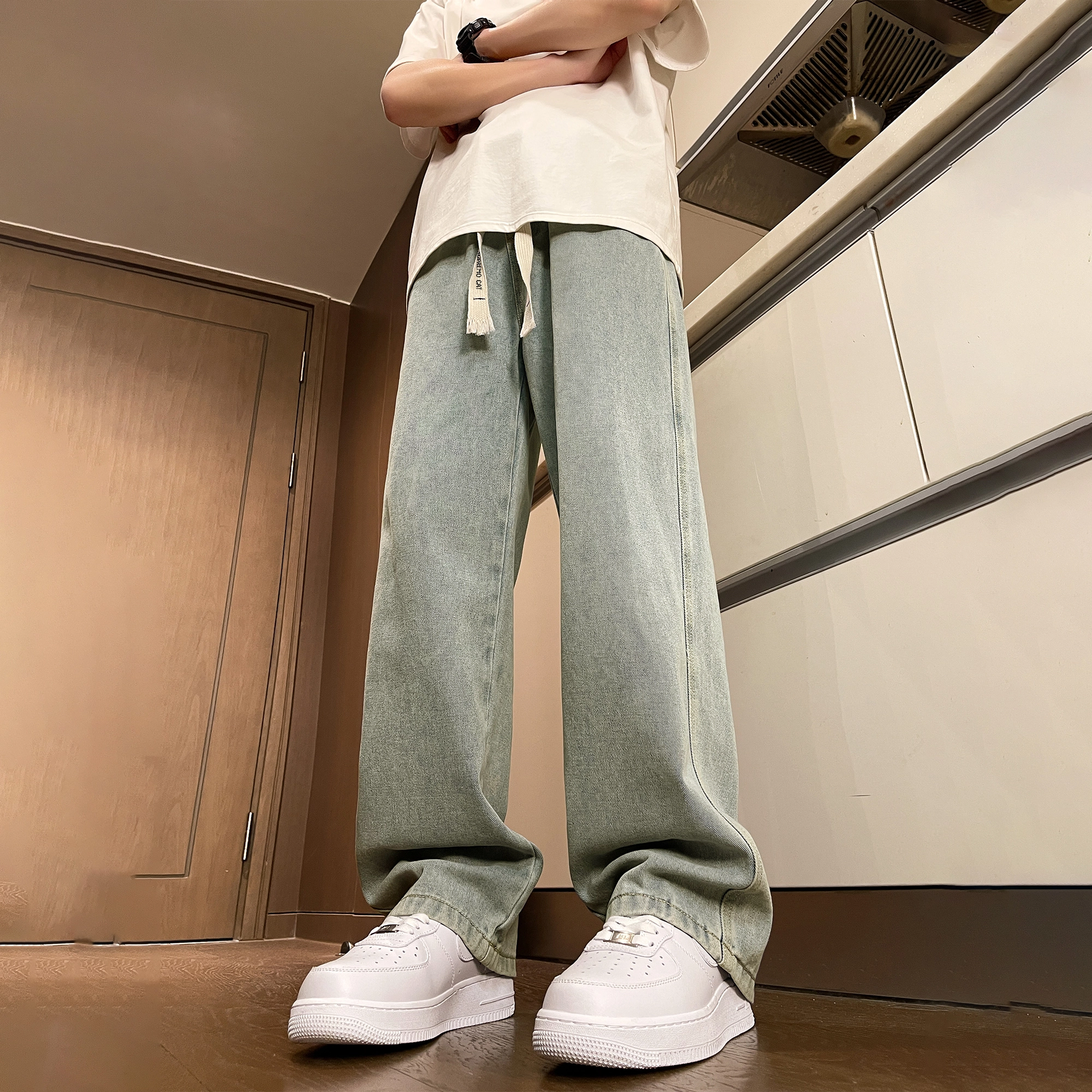 吾皇猫 美式复古高街纯色做旧水洗中腰系带休闲废土风黄泥染裤子宽松显高基础款百搭长裤阔腿垂感直筒黑灰色微喇牛仔裤 男女同款