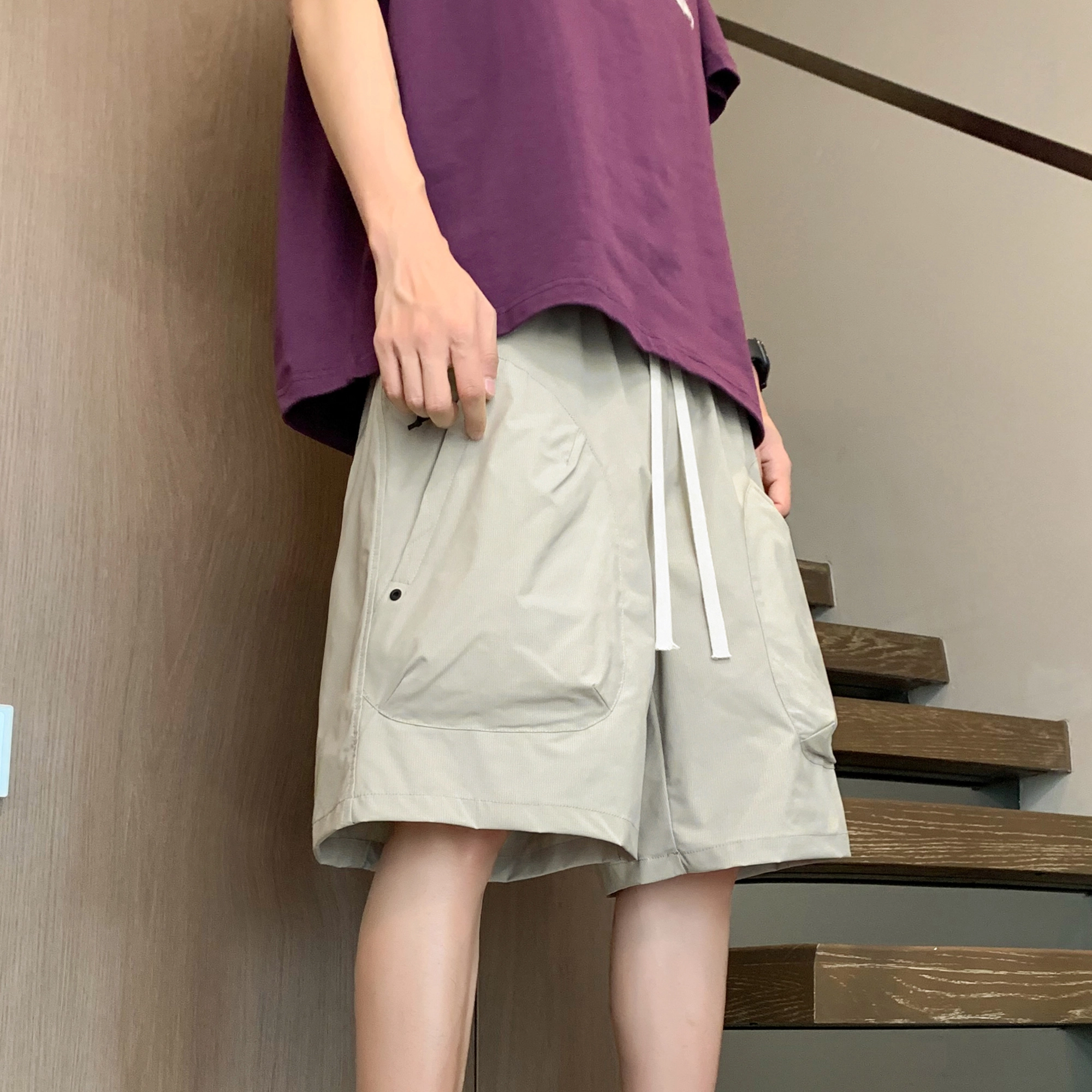 吾皇猫 美式复古学院风基础款简约百搭个性设计潮流休闲裤子宽松五分裤子舒适基础款工装短裤 男女同款