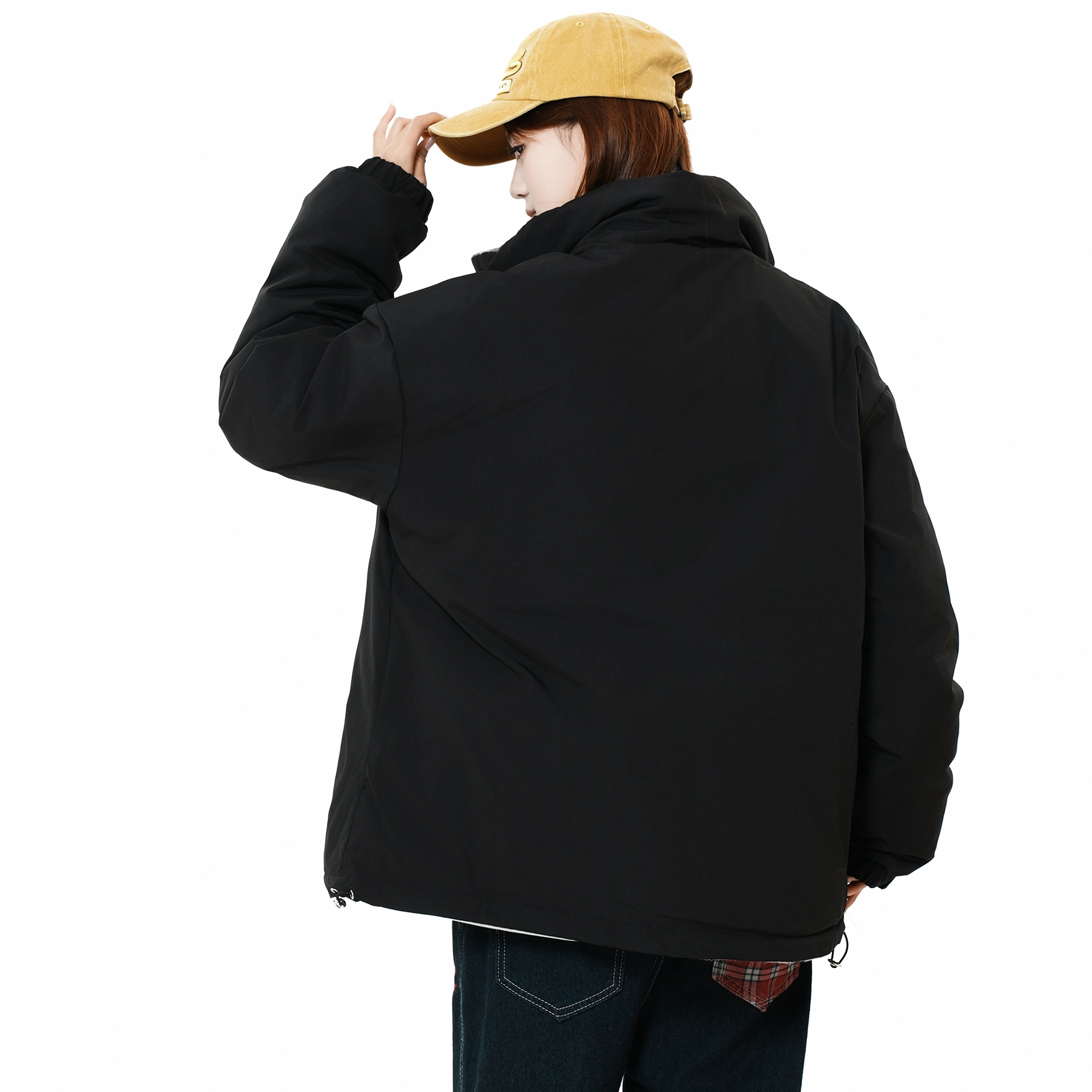 吾皇猫 双面穿学院风美式复古时尚格子字母防风立领御寒面包服轻薄保暖休闲羽绒服 男女同款
