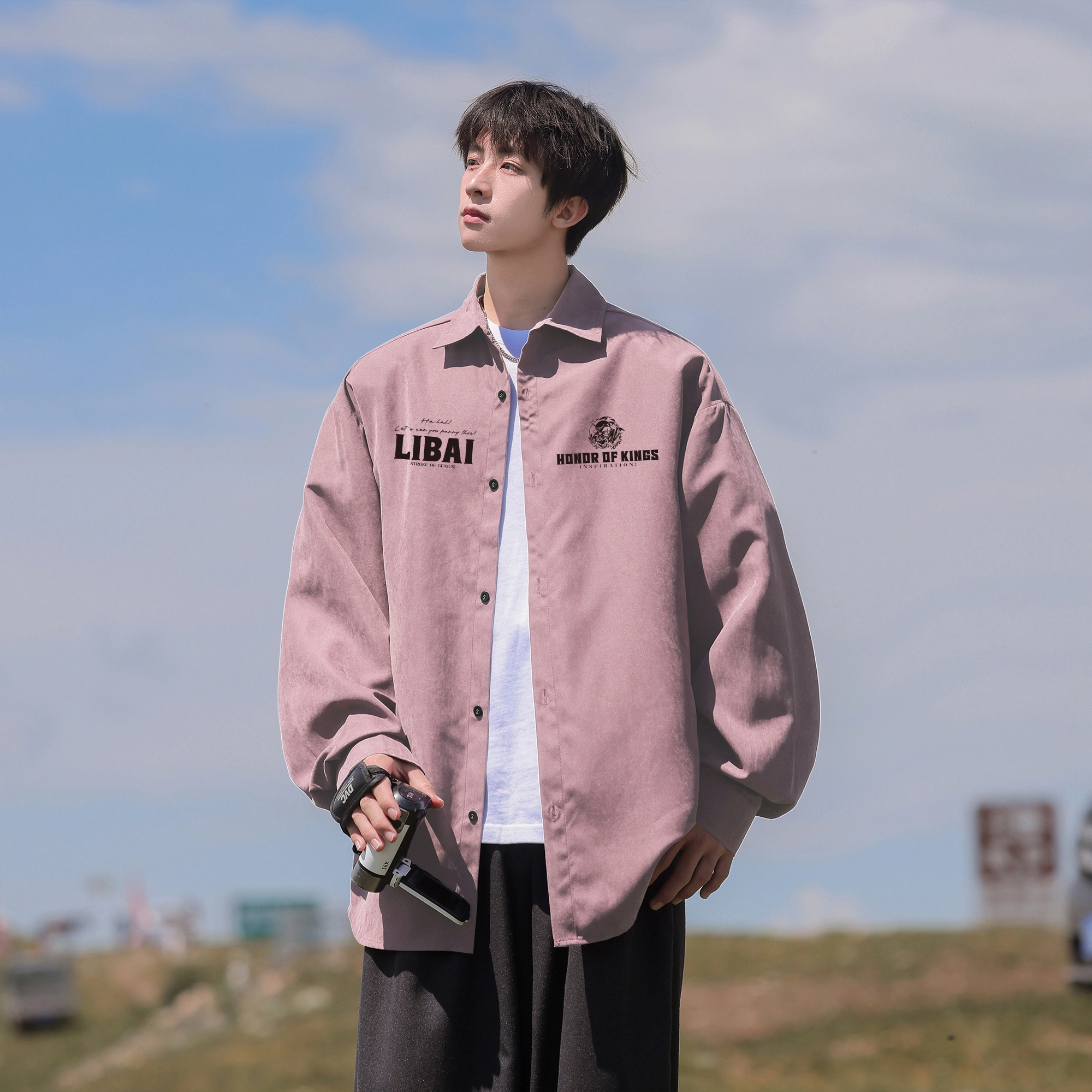 王者荣耀 李白款 美式复古创意字母纯色潮流时尚宽松舒适翻领休闲长袖衬衫 男女同款