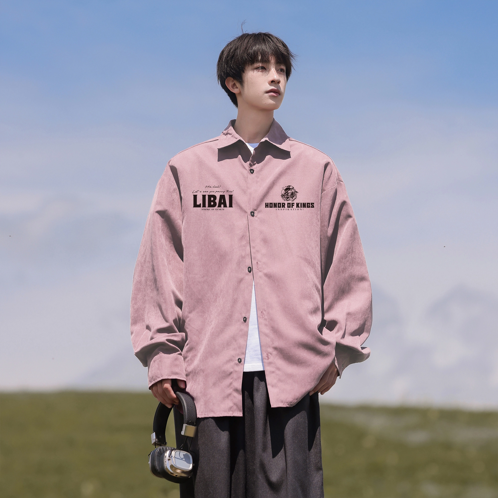 王者荣耀 李白款 美式复古创意字母纯色潮流时尚宽松舒适翻领休闲长袖衬衫 男女同款