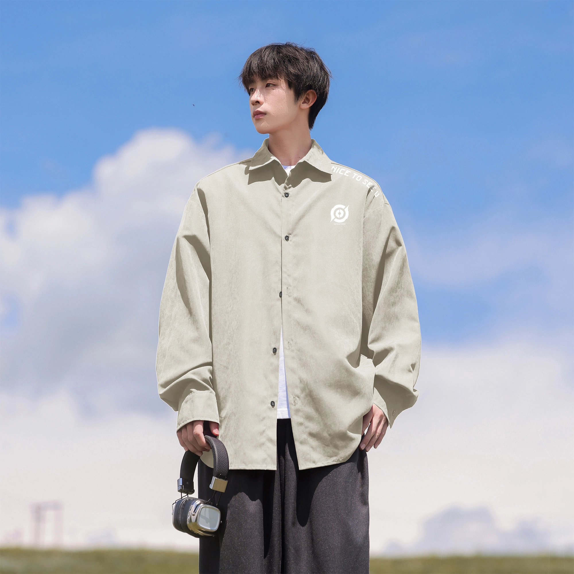 王者荣耀 标语款 美式复古创意字母印花潮流时尚宽松舒适翻领休闲简约学院风单排扣通勤穿搭长袖衬衫 男女同款