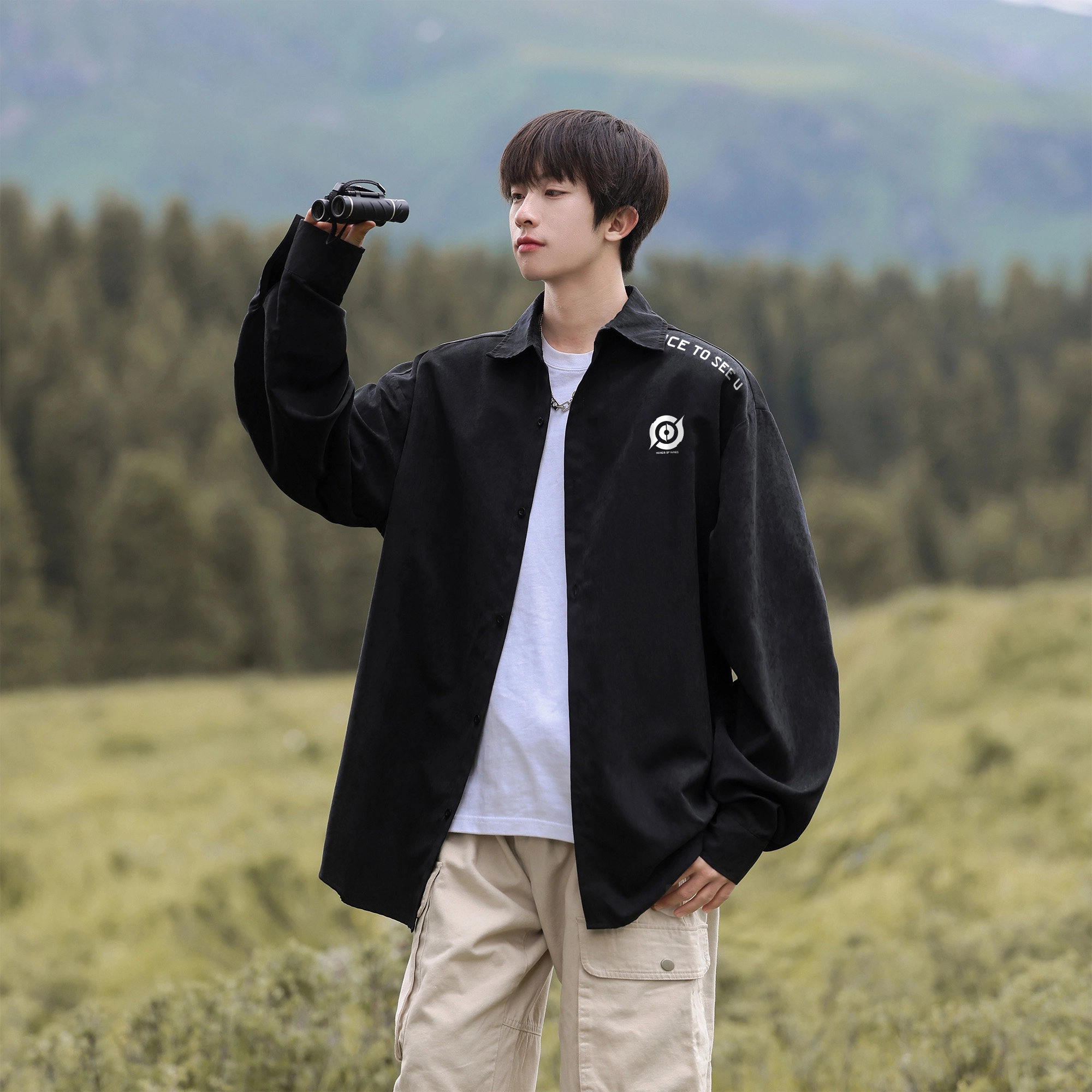王者荣耀 标语款 美式复古创意字母印花潮流时尚宽松舒适翻领休闲简约学院风单排扣通勤穿搭长袖衬衫 男女同款