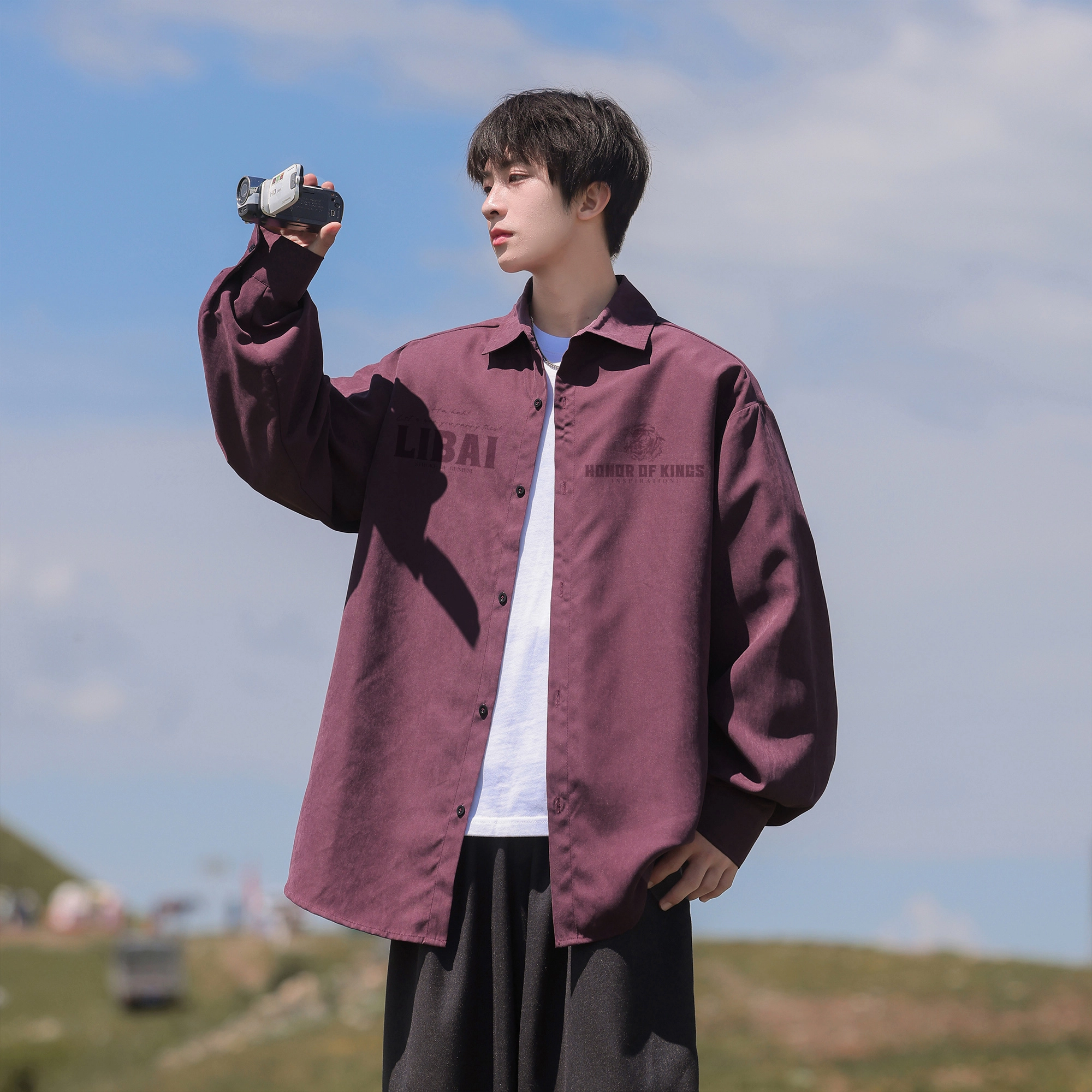 王者荣耀 李白款 美式复古创意字母纯色潮流时尚宽松舒适翻领休闲长袖衬衫 男女同款
