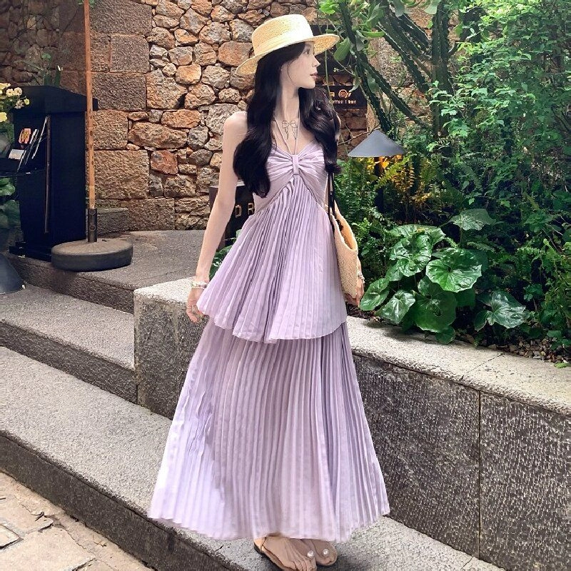 兰缪 甜辣设计感度假风假两件吊带褶皱百褶中长款休闲长裙 女款