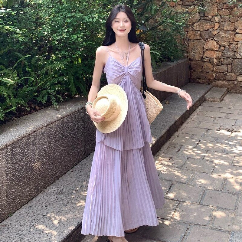 兰缪 甜辣设计感度假风假两件吊带褶皱百褶中长款休闲长裙 女款