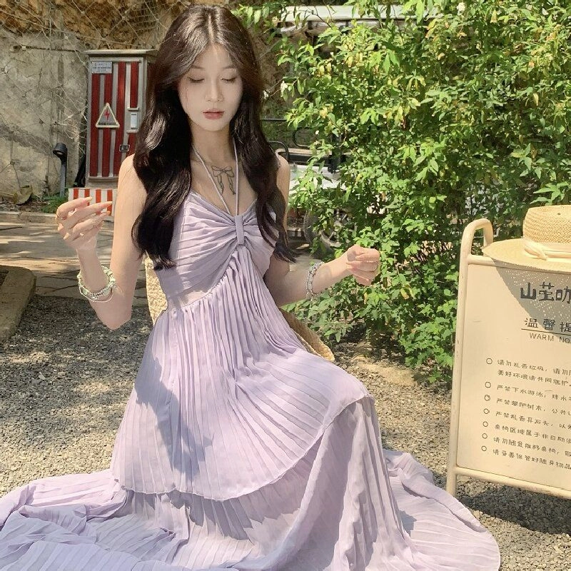 兰缪 甜辣设计感度假风假两件吊带褶皱百褶中长款休闲长裙 女款