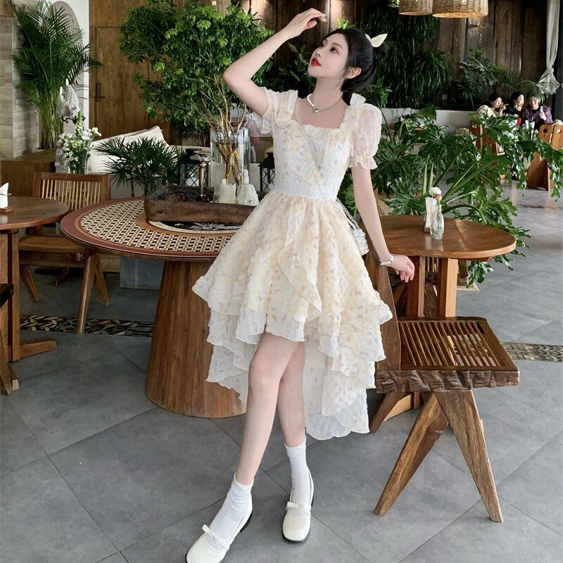 兰缪 法式甜美减龄方领蝴蝶结女夏季薄款不规则碎花蓬蓬裙公主裙极繁主义短袖连衣裙  女款