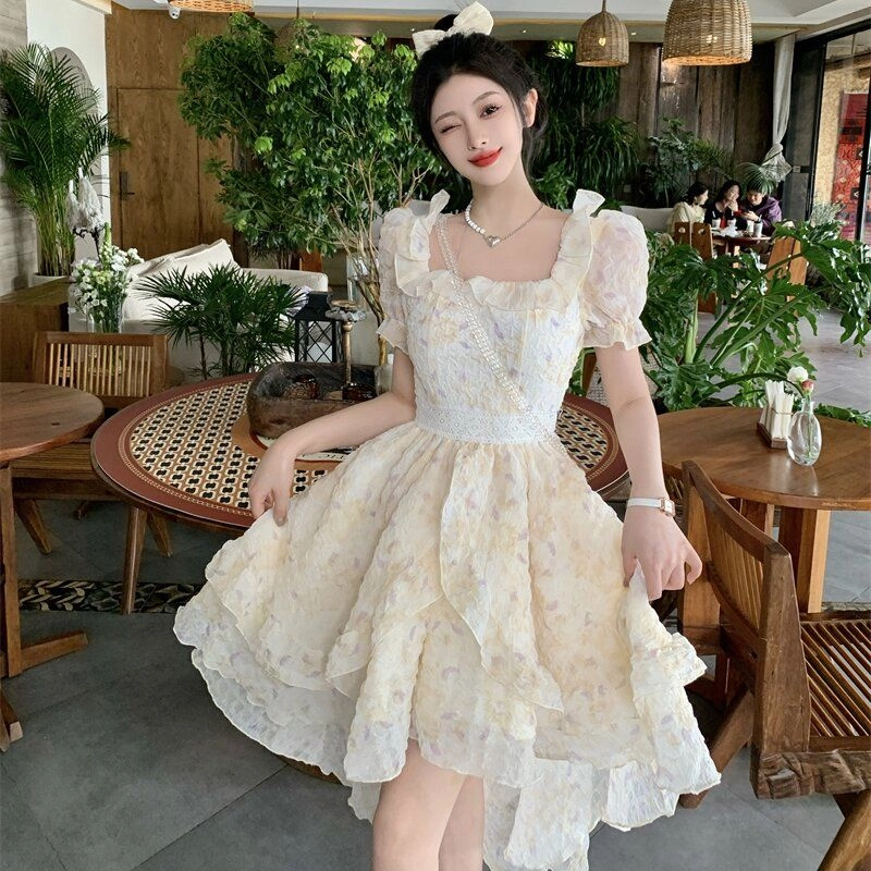 兰缪 法式甜美减龄方领蝴蝶结女夏季薄款不规则碎花蓬蓬裙公主裙极繁主义短袖连衣裙  女款