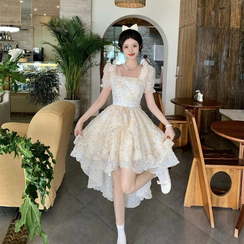 兰缪 法式甜美减龄方领蝴蝶结女夏季薄款不规则碎花蓬蓬裙公主裙极繁主义短袖连衣裙  女款